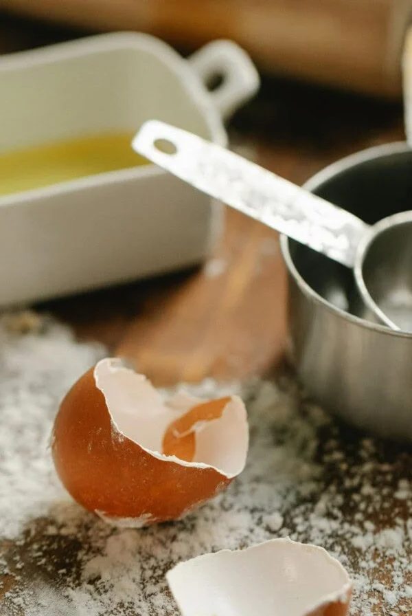 egg shells and empty cup measurements.