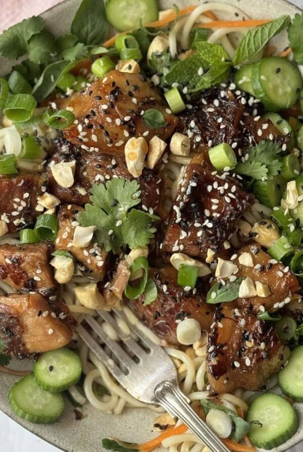 pork belly noodles with a fork.
