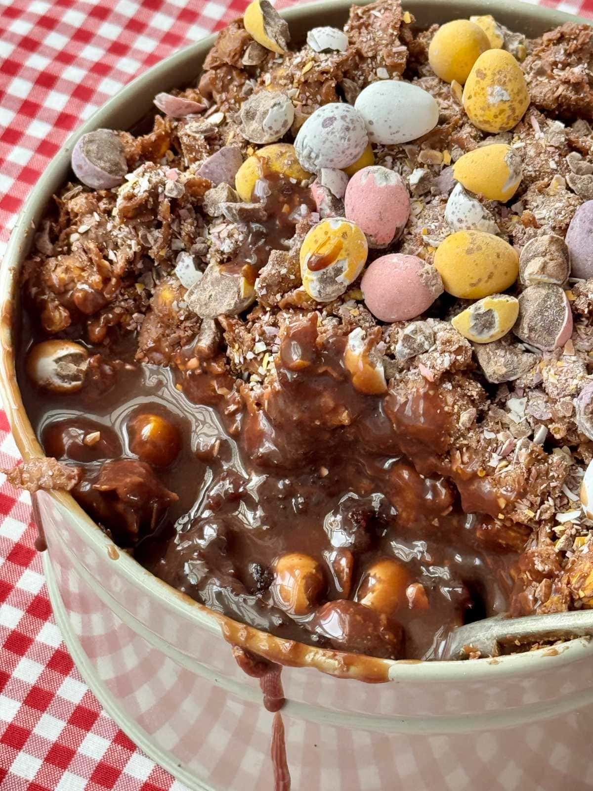 spoon in the tin of cornflake cake.