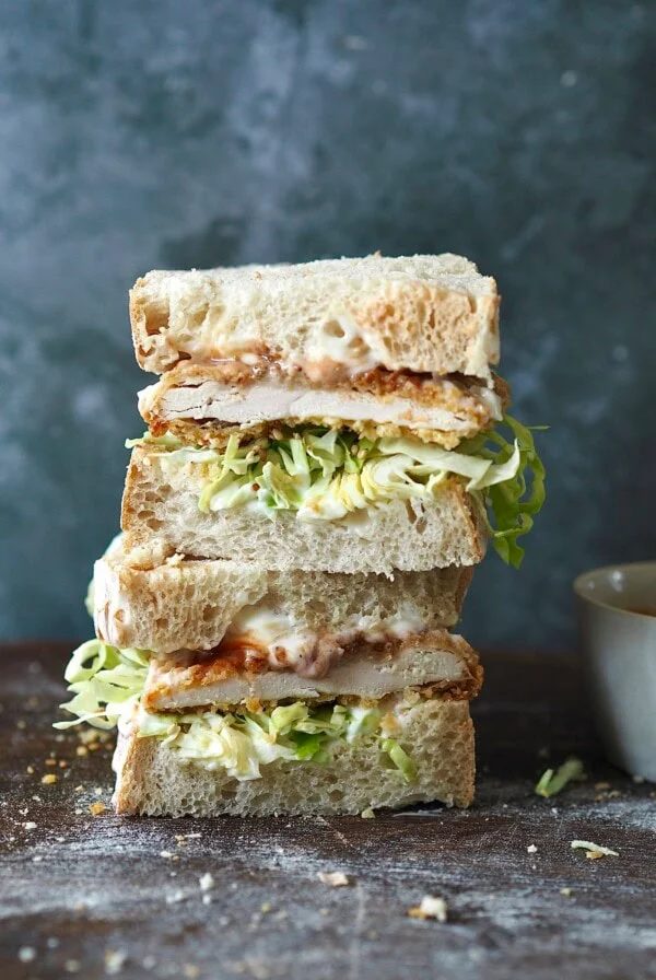 Chicken Katsu Sandwich cut in half.