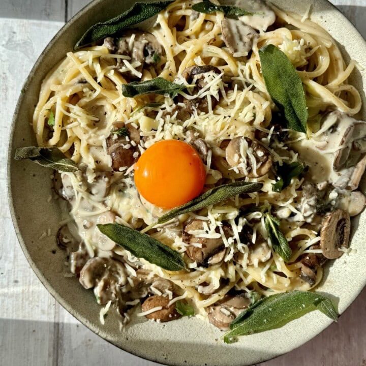 Serving Creamy Mushroom Pasta.