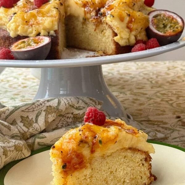 creme brulee cake slice on a plate.