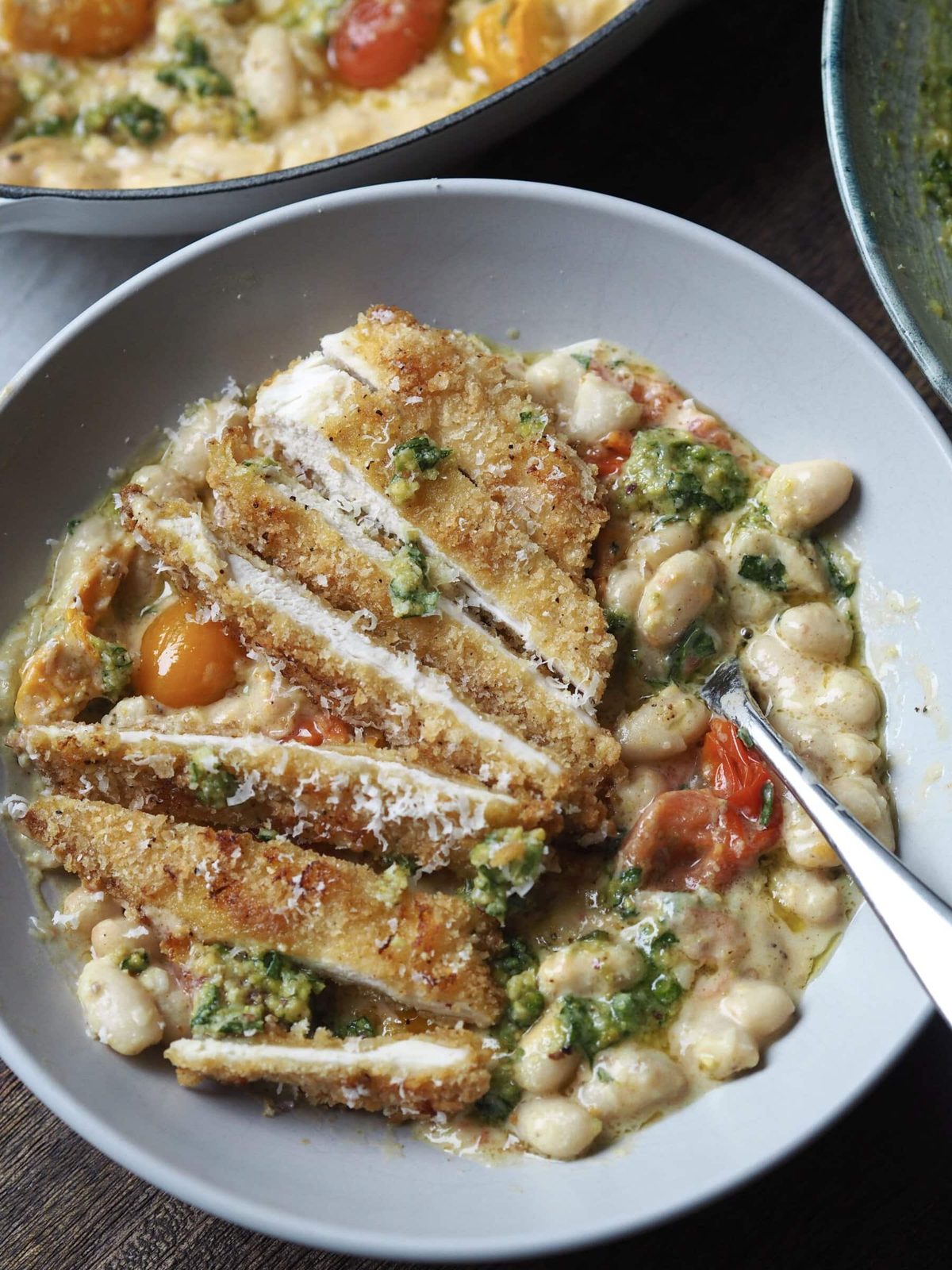 Crispy Chicken with Tomatoes, Basil and Cannellini Beans