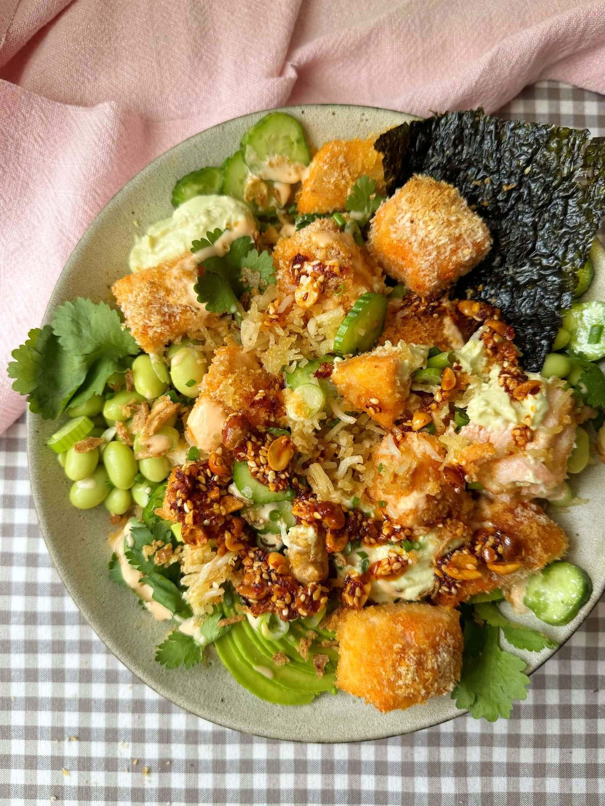 Crunchy Salmon Roll (in a bowl) with edamame and chilli oil.