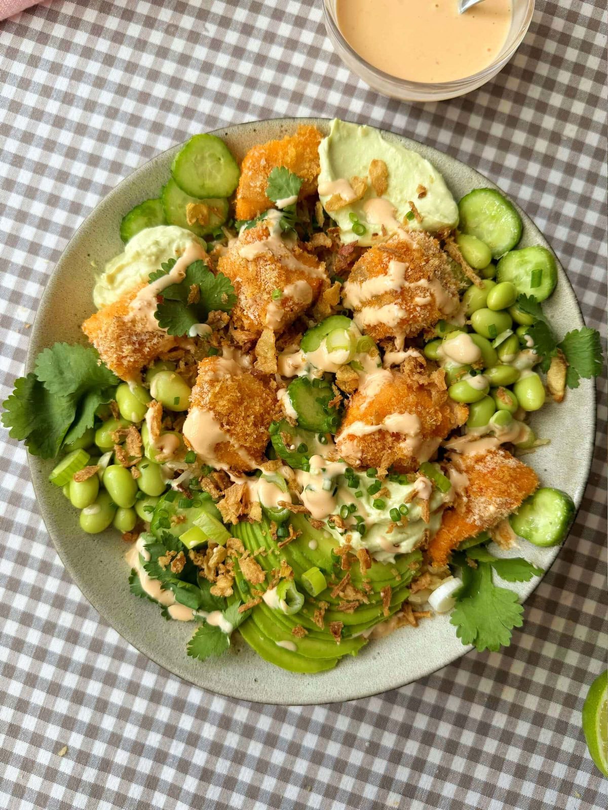 Crunchy Salmon Roll (in a bowl) with edamame and chilli oil.
