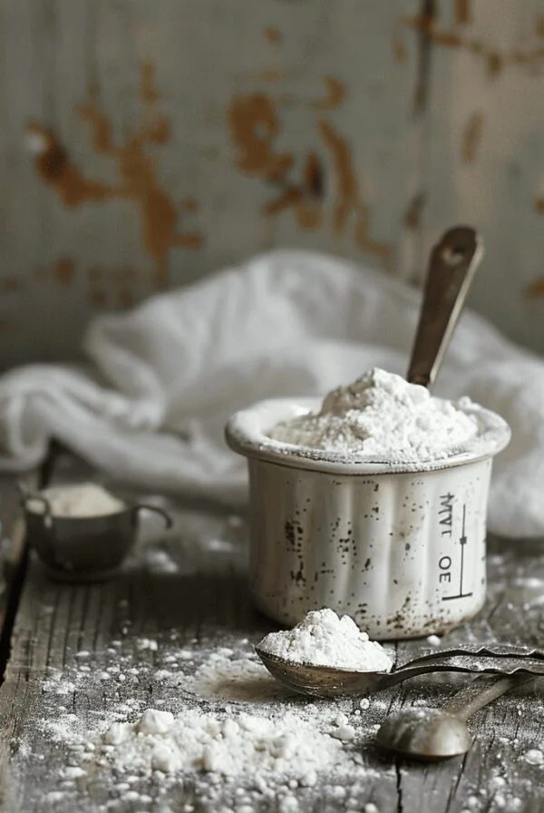 Cup of flour with two measuring spoons of flour.