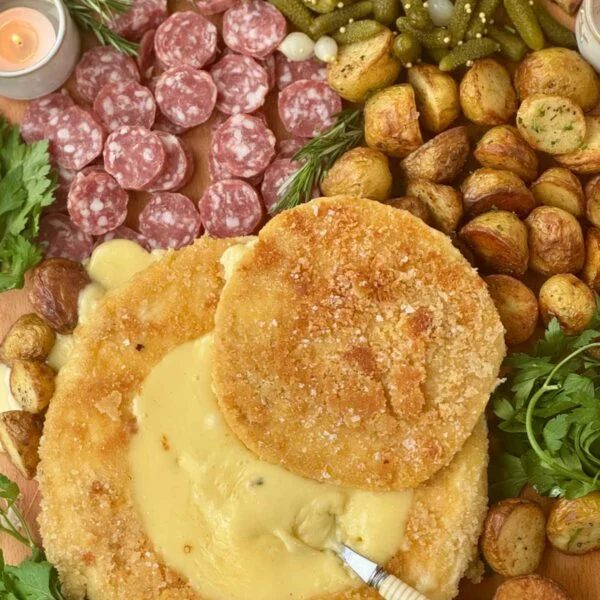 deep fried brie with a spoon on a charcuterie board.
