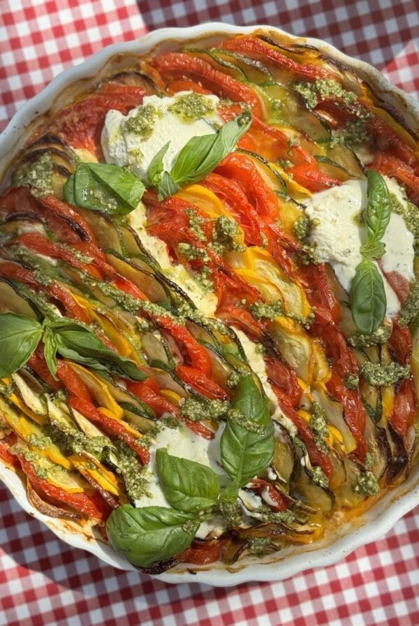 courgette gratin with tomato and basil.