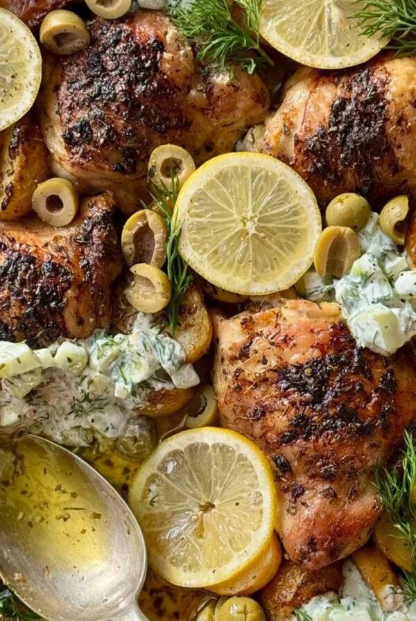 greek chicken lemon potatoes in a white dish.