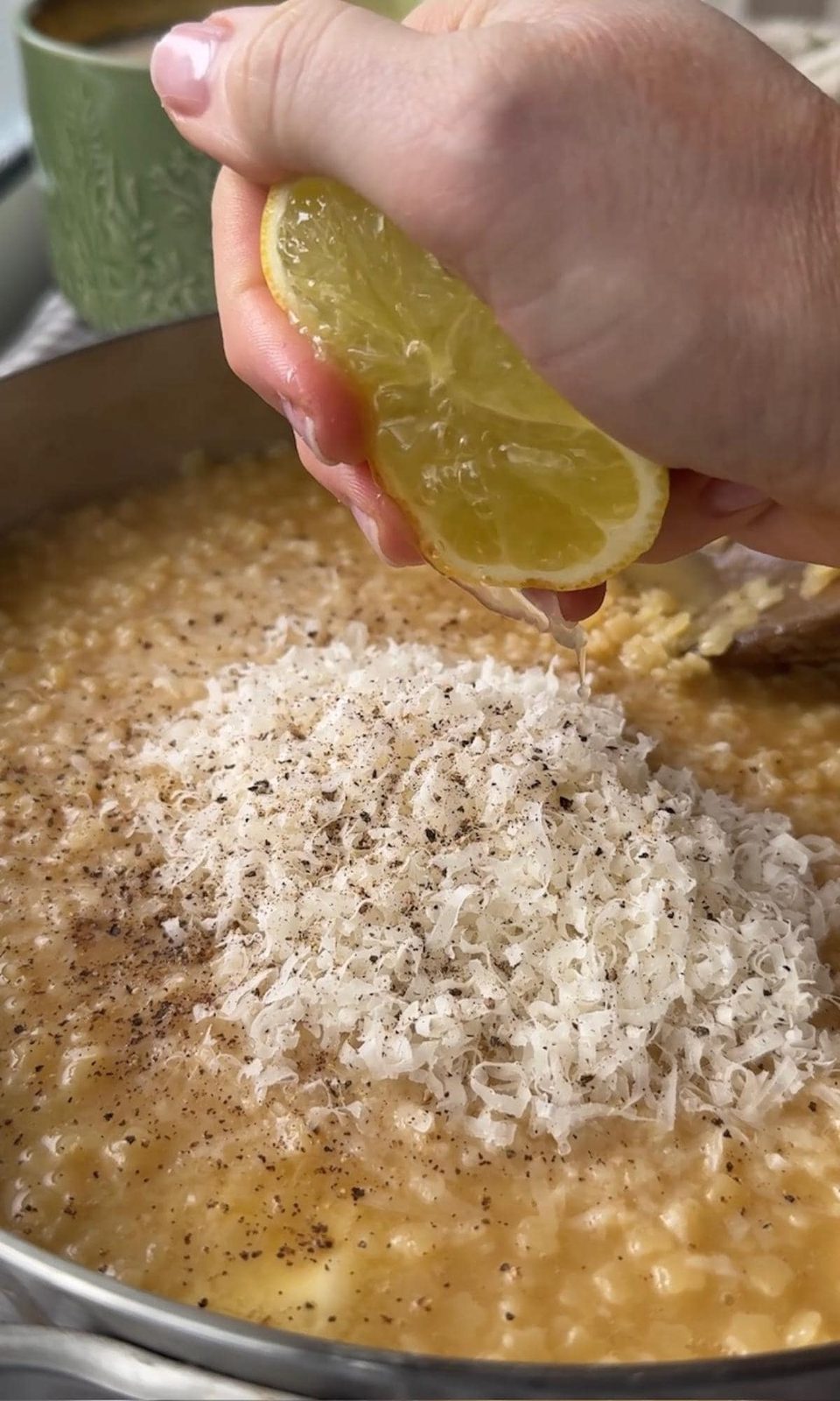 Adding a squeeze of lemon to easy pastina.