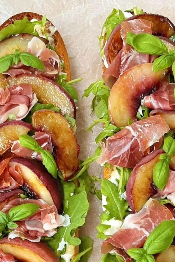 grilled peach and burrata salad on ciabatta.