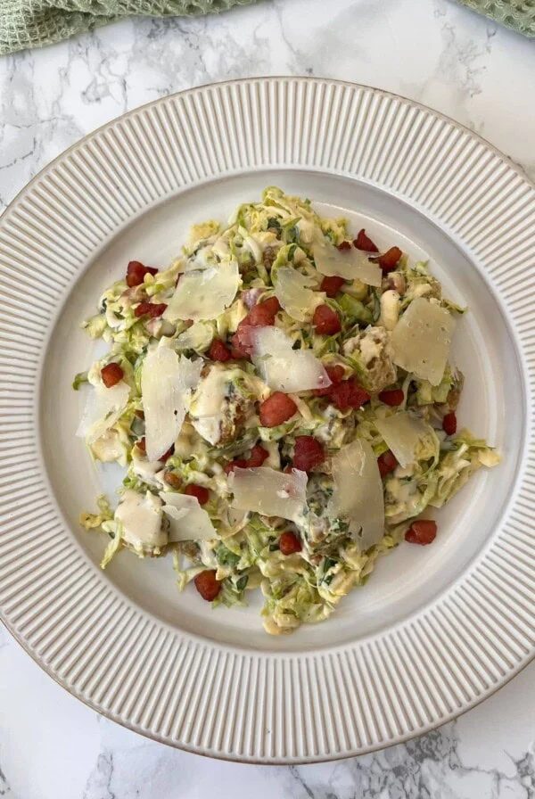 Shaved Brussels Sprouts Salad on a plate