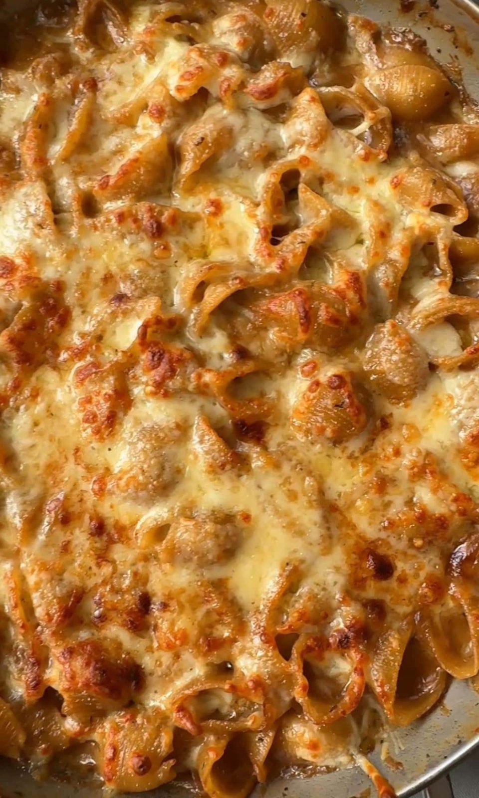 French onion soup pasta with crispy top.