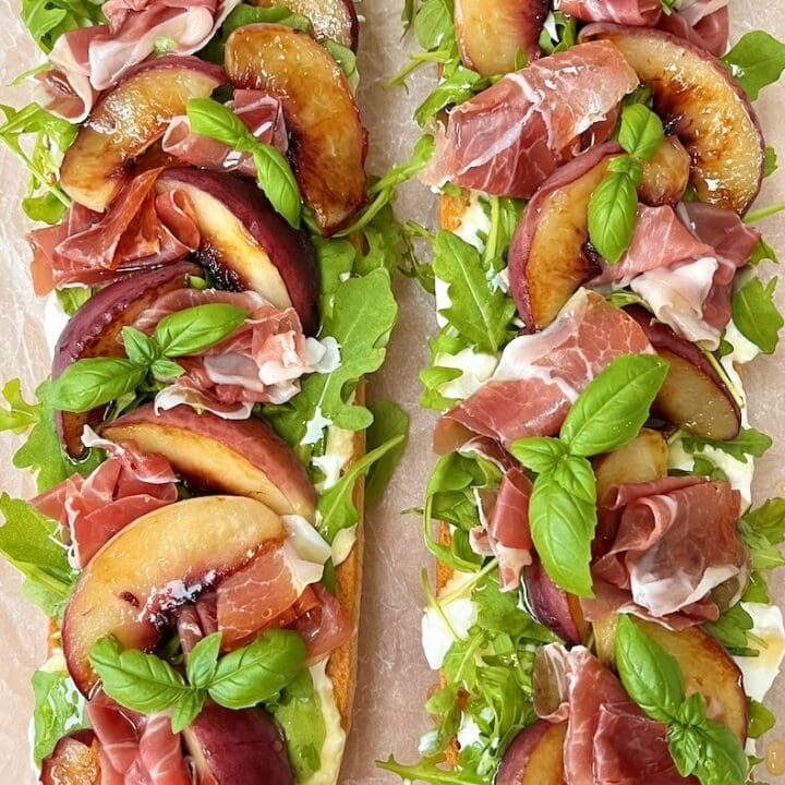 grilled peach and burrata salad on ciabatta.