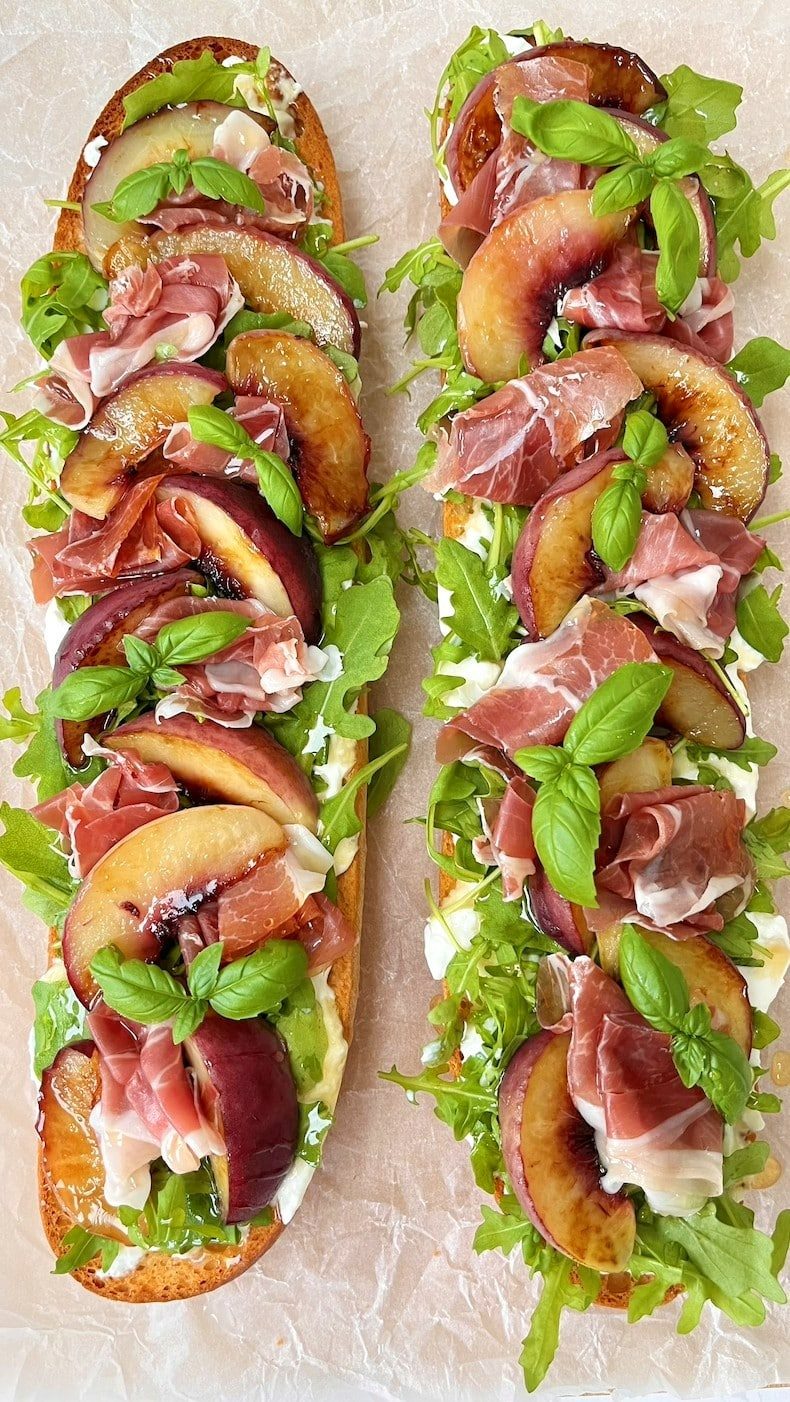 grilled peach and burrata salad on ciabatta.