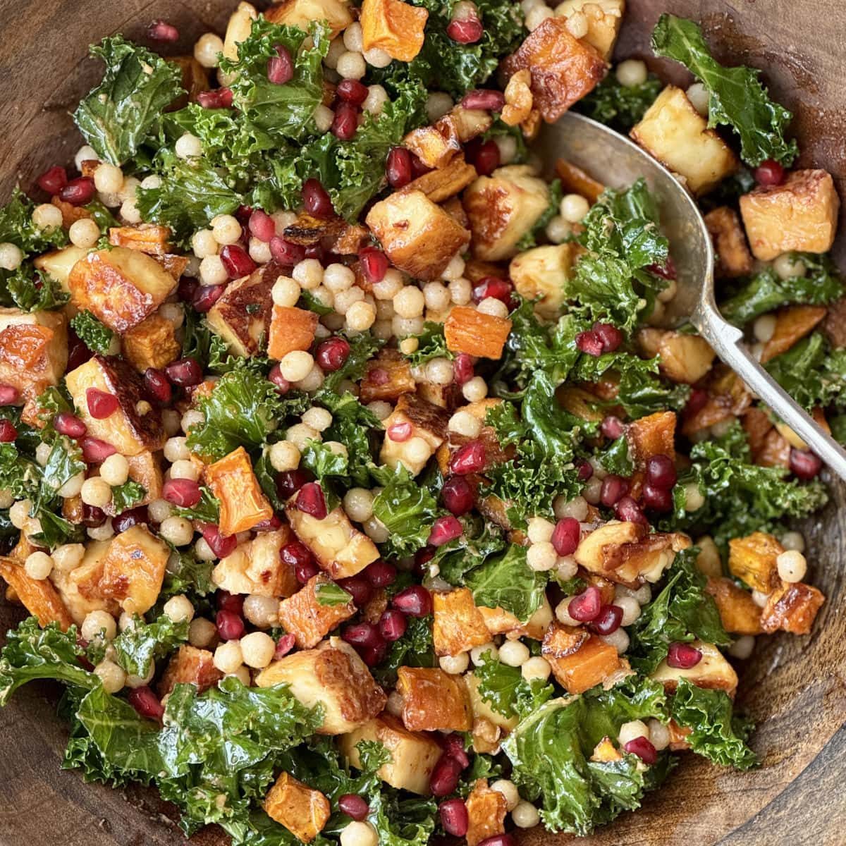 Crispy Halloumi Salad with Kale & Pomegranate