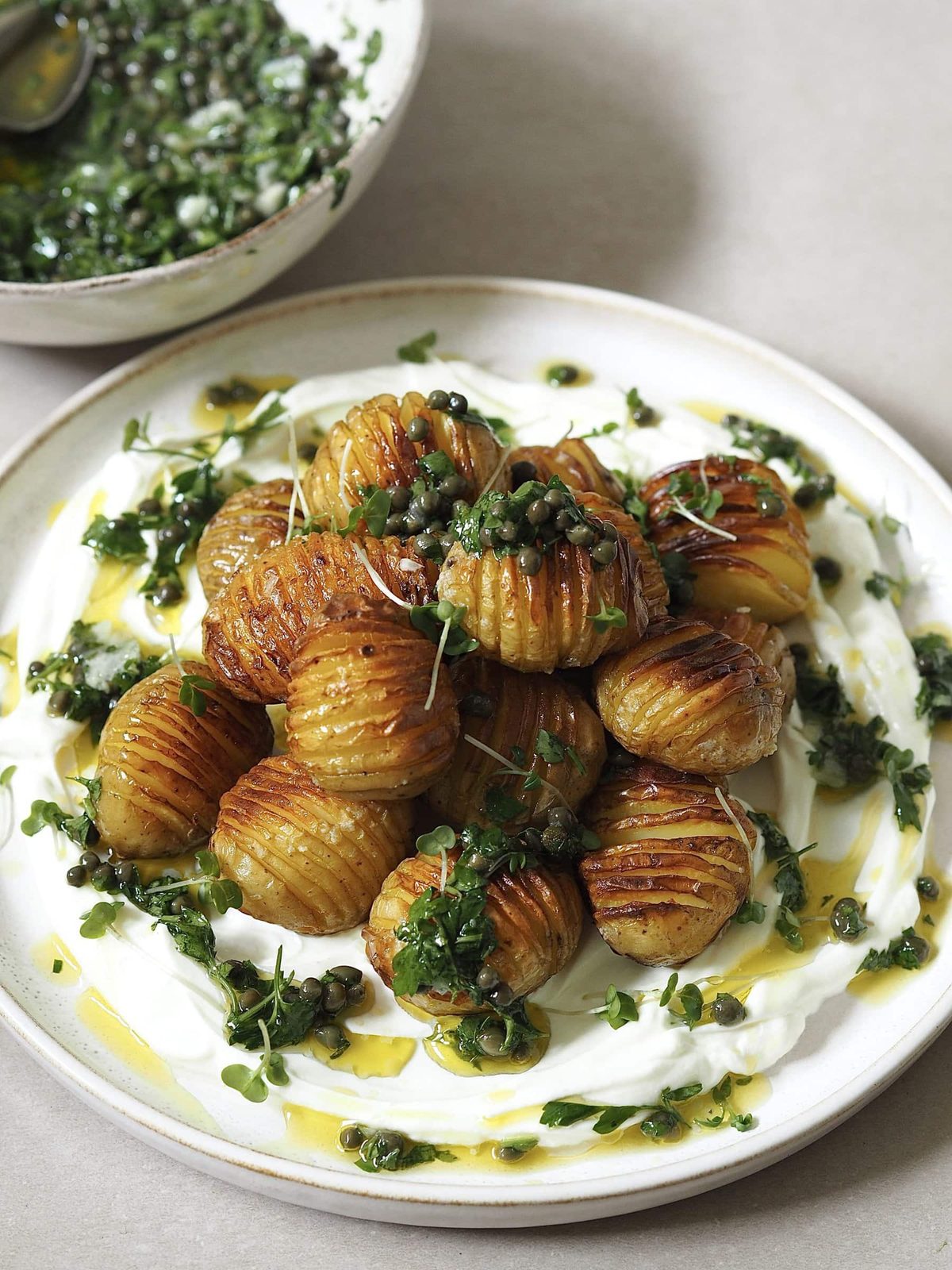 Hasselback Potatoes with Salsa Verde and Labneh