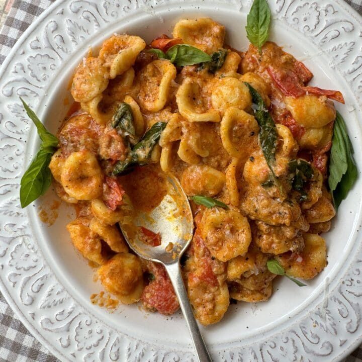 pasta con nduja in white bowl with spoon
