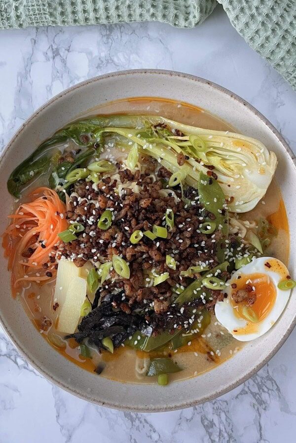 tofu noodle soup in a bowl