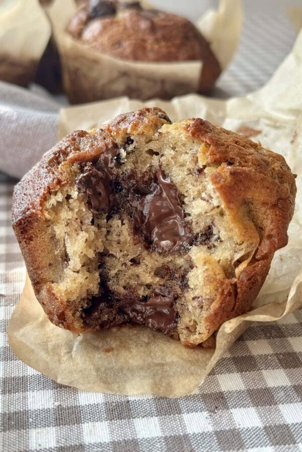 Cross section of banana chocolate chunk muffin.