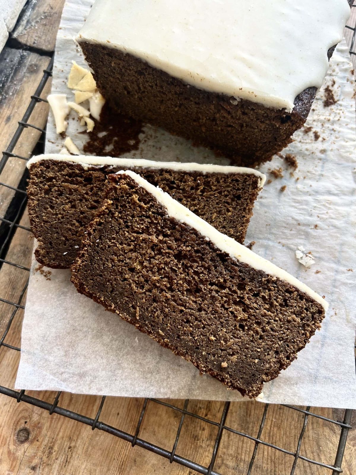 Sticky Jamaican Ginger Cake on baking paper.