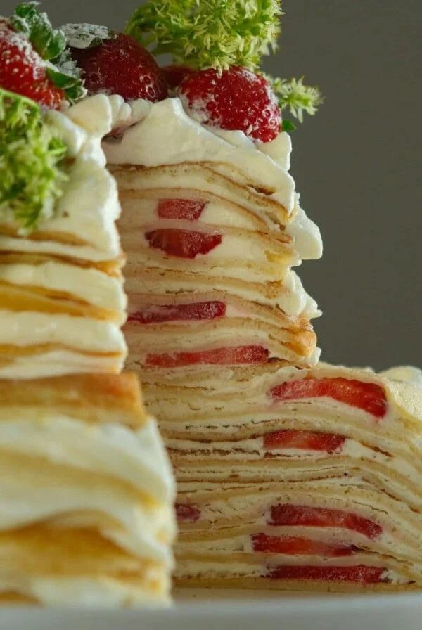 strawberry mille crepe cake cross section.
