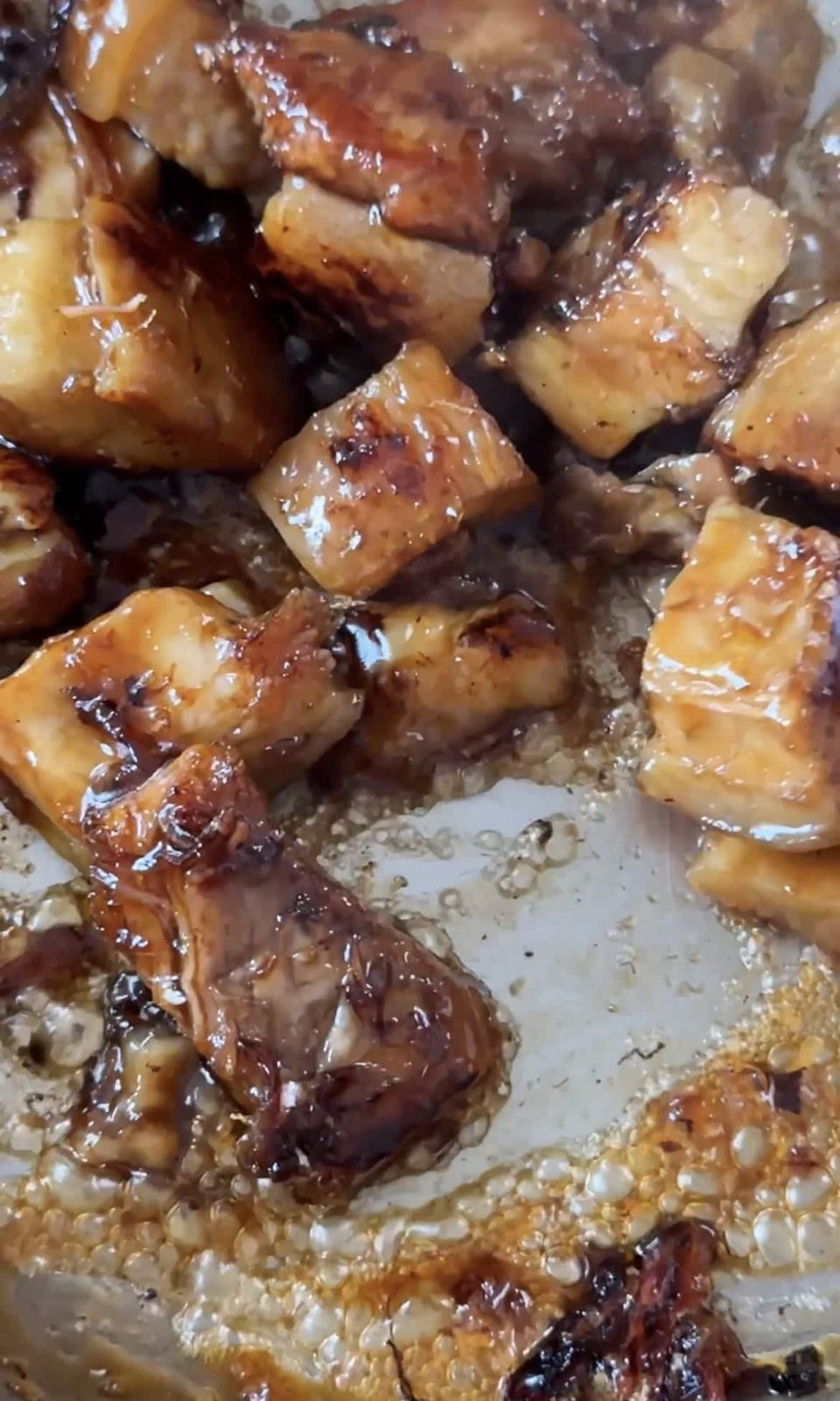 Pork belly in sticky sauce.