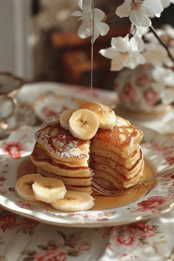 Fluffy banana pancakes stacked on a plate with syrup drizzling.