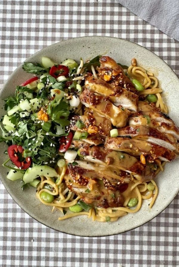 chicken noodle bowl with gingham tablecloth