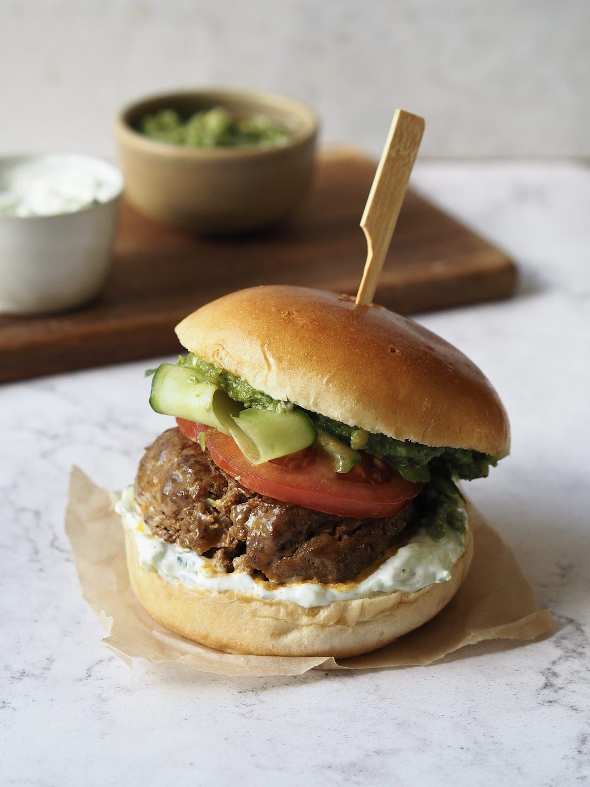 Juicy Lamb Burgers with Mint, Tzatziki & Pesto