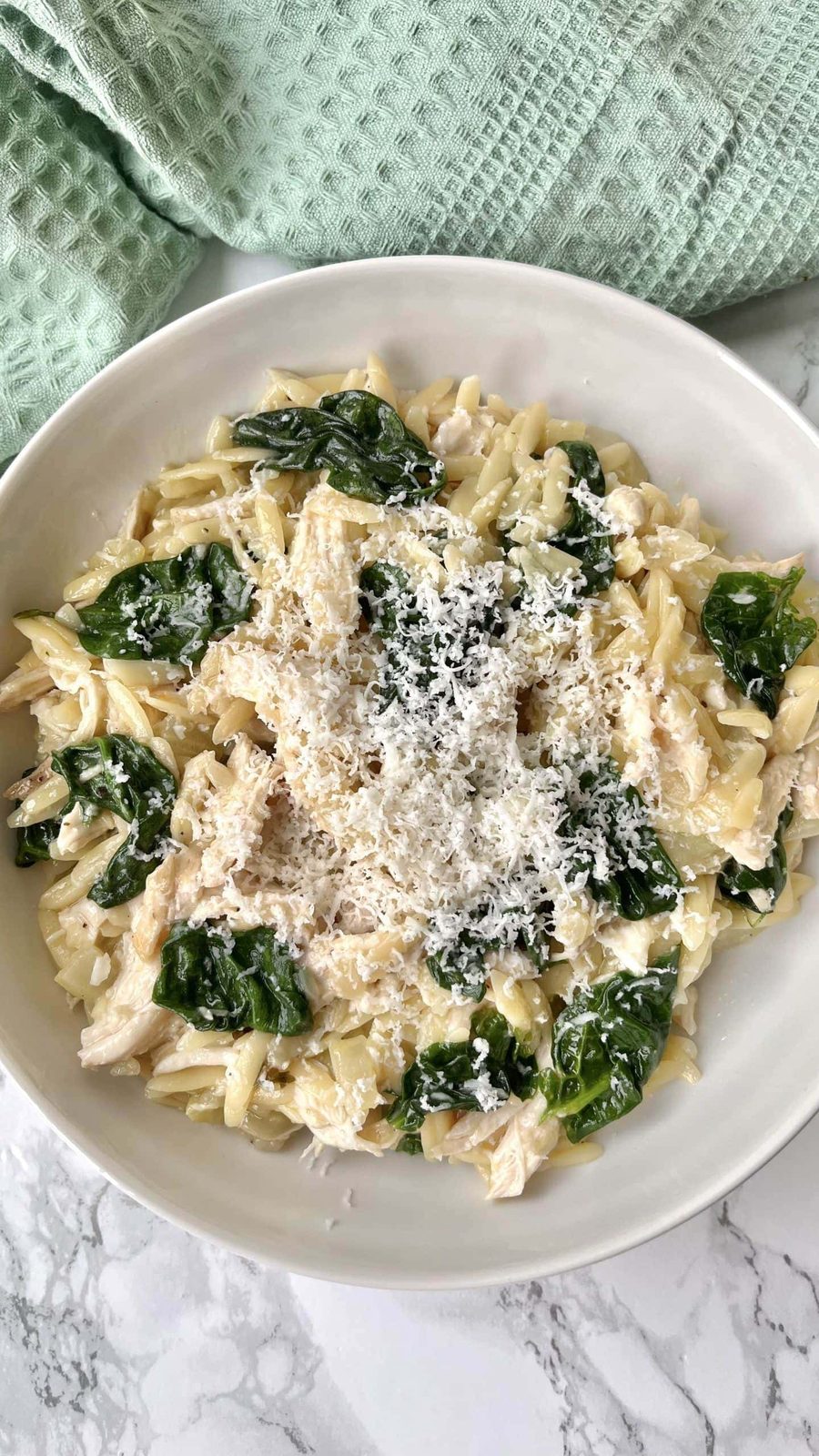 Chicken Orzo with Spinach and Grated Halloumi