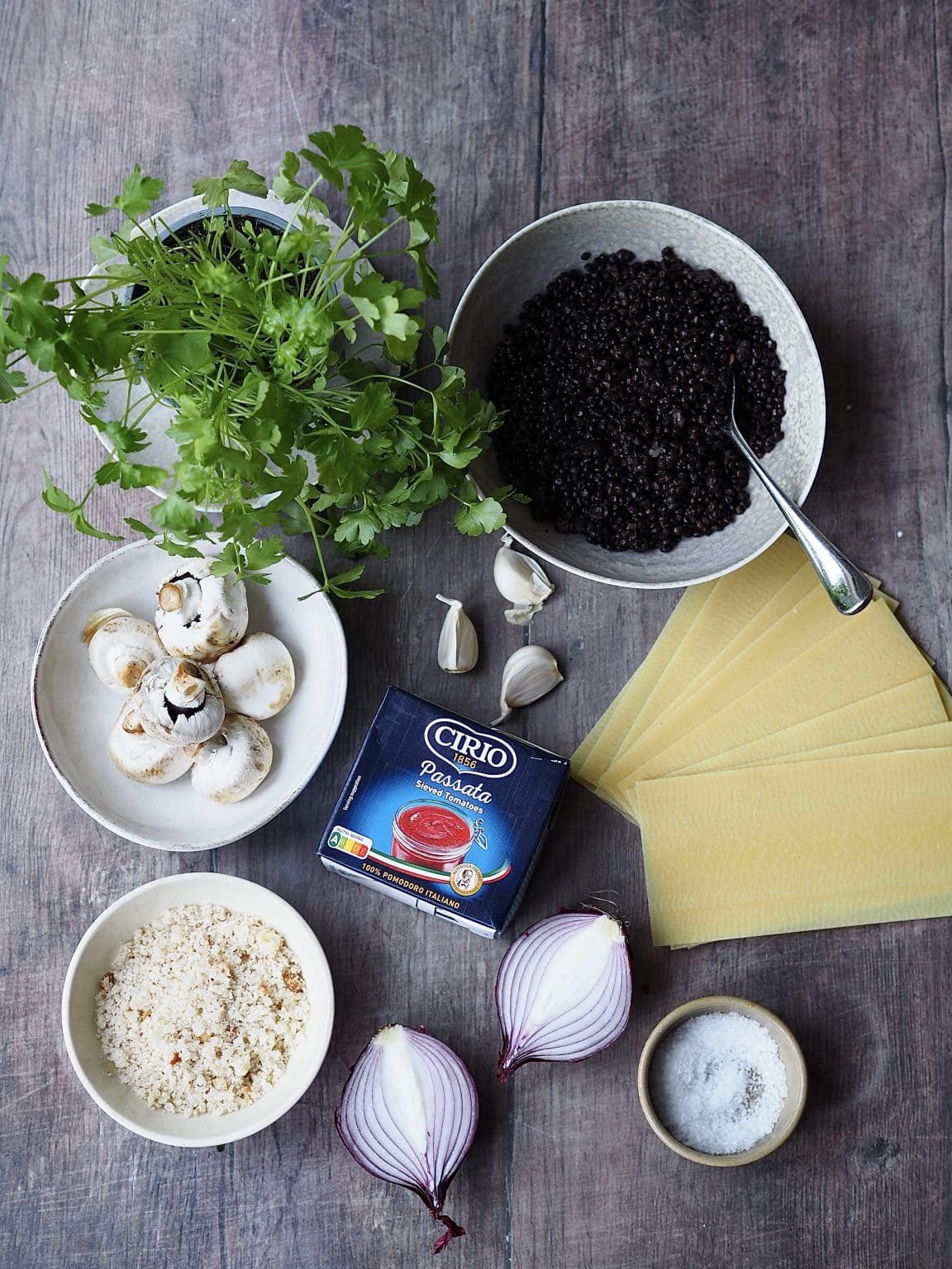 Cooking ingredients on a grey background.