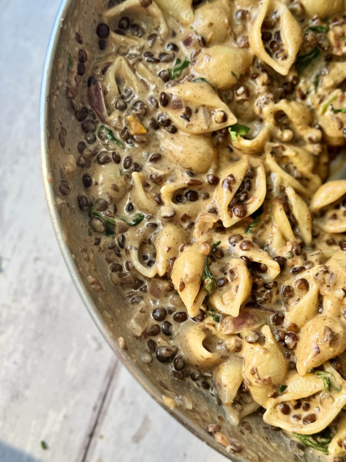 lentil ragu in a pan.