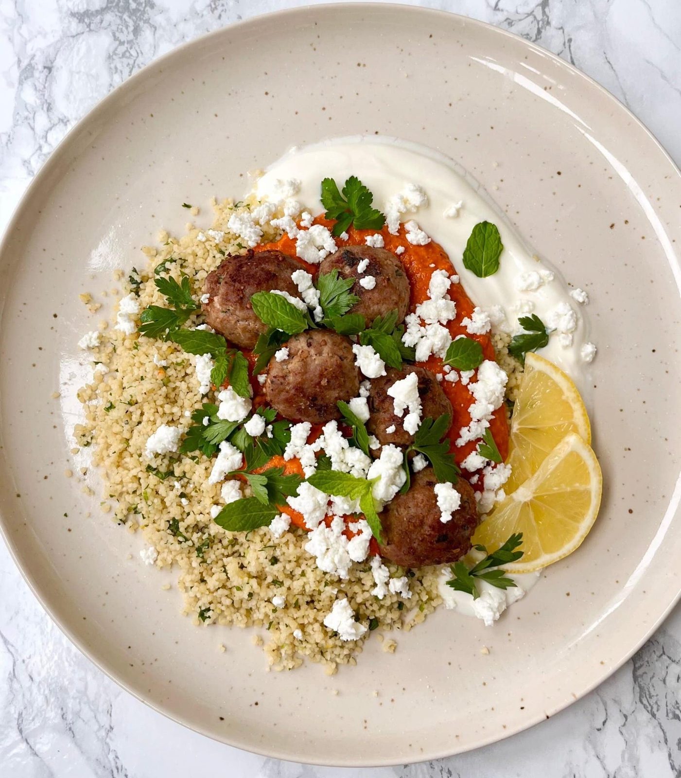 Lightly Spiced Lamb Meatballs With Muhammara, Feta And Herby Couscous