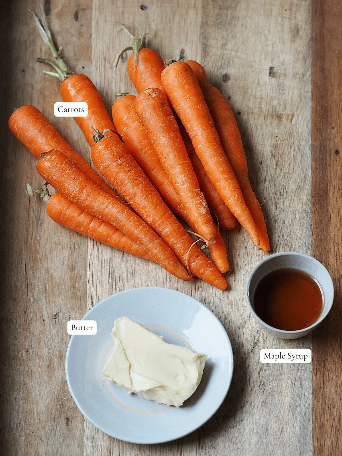 Labelled maple and butter glazed carrots ingredients.