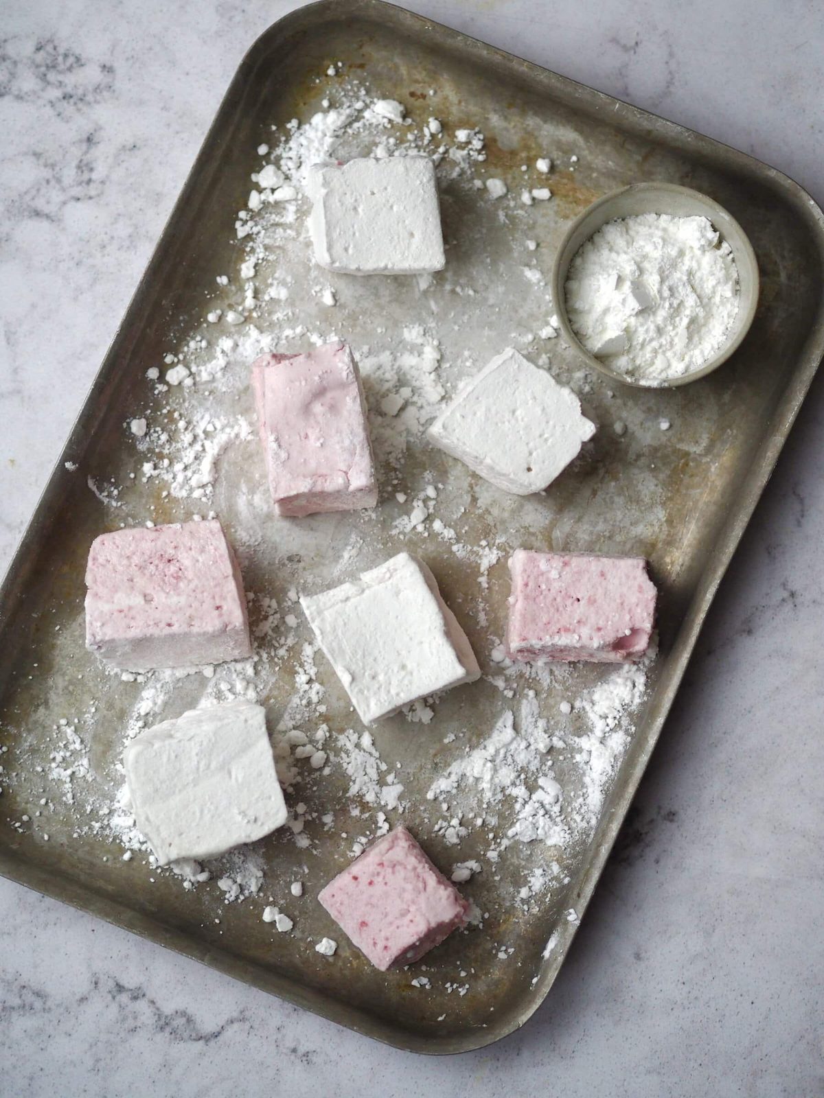 Marshmallows on a baking tray