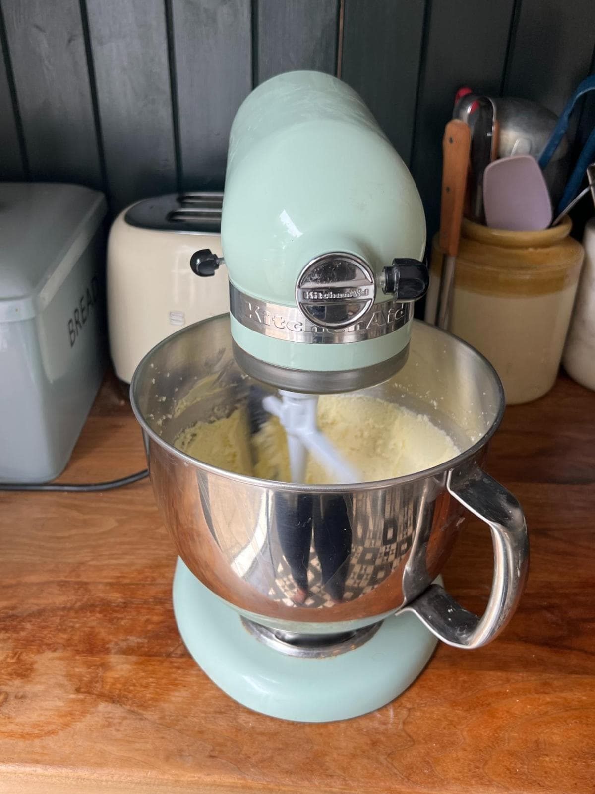 mixing butter and sugar in a stand mixer.