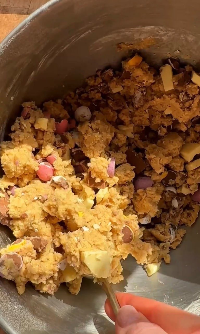 mini egg cookies dough in bowl.