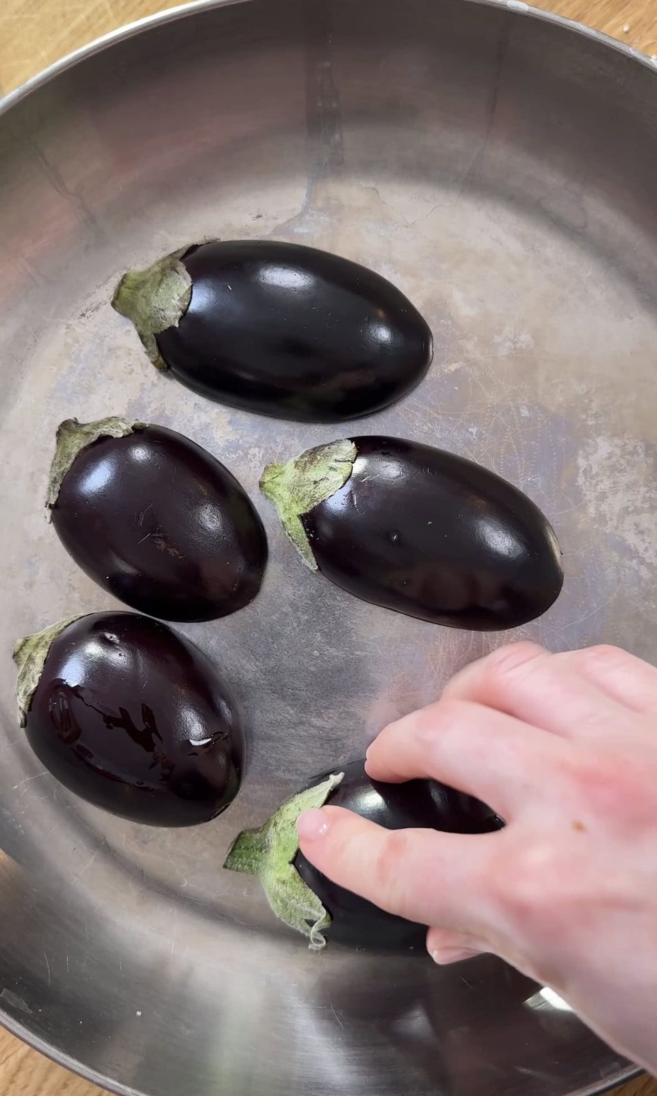 frying miso aubergine cut side down.
