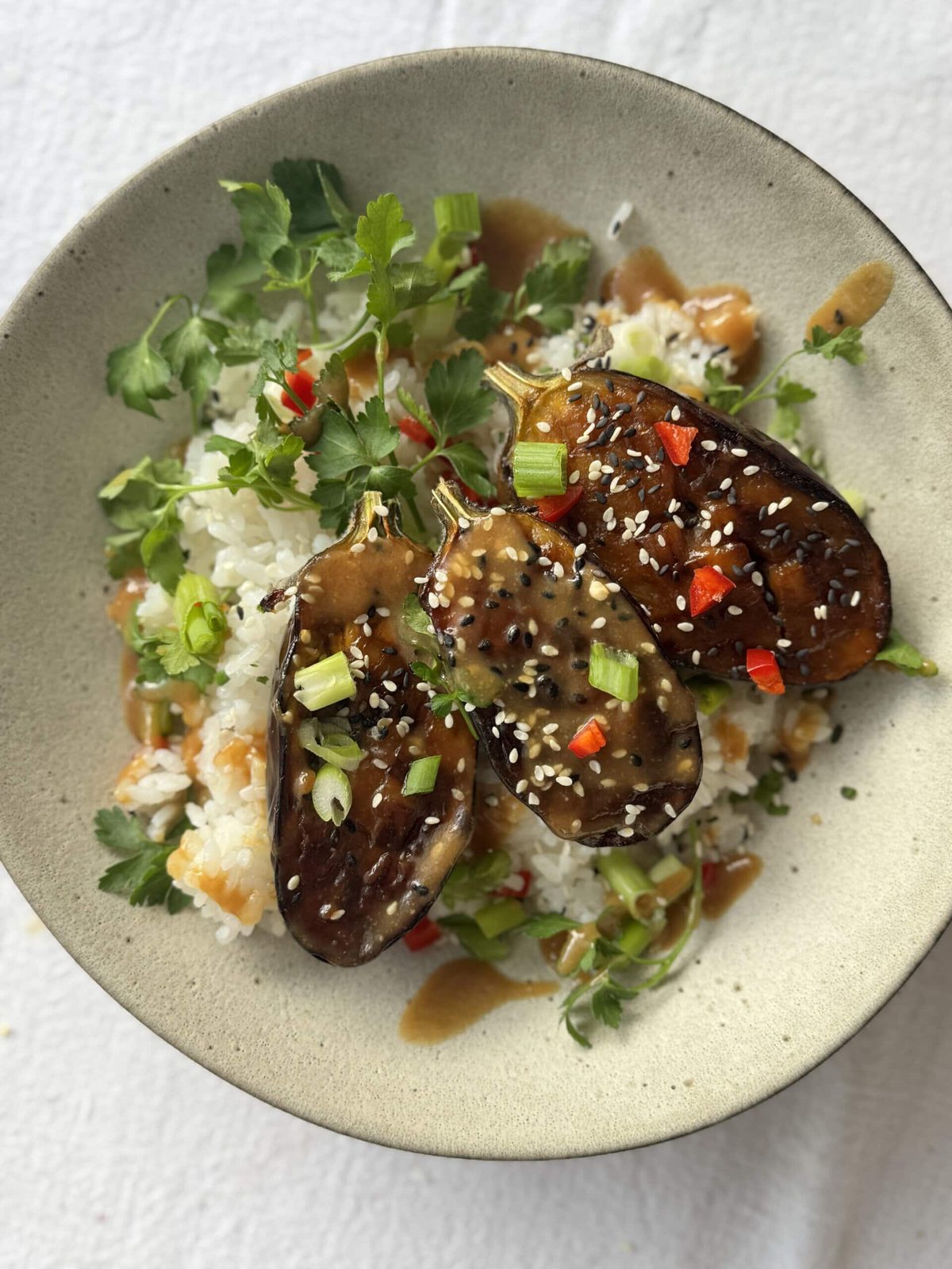 miso aubergine in bowl with rice.