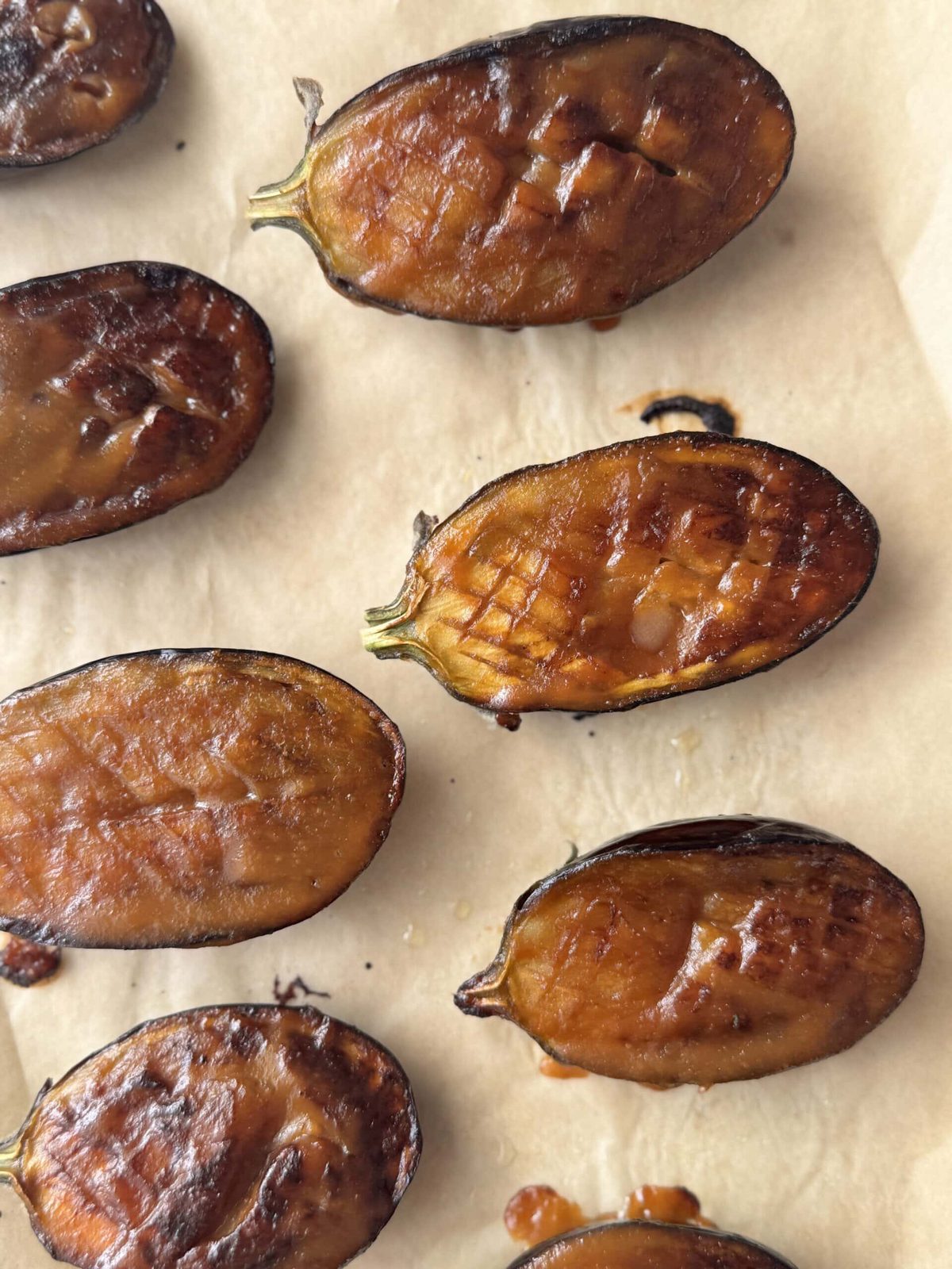 roasted miso aubergine on baking tray.