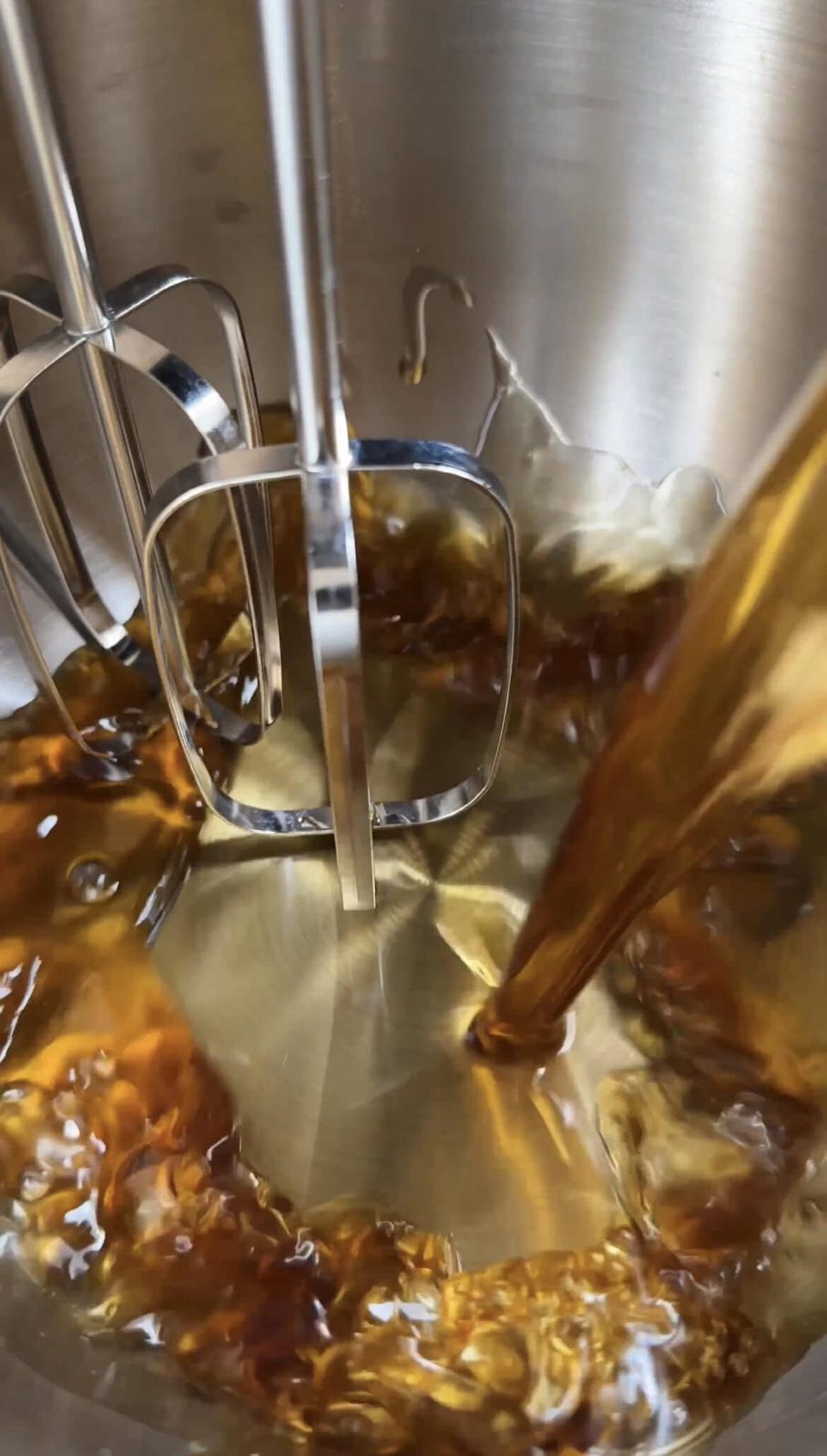 Mixing browned butter with mixer.