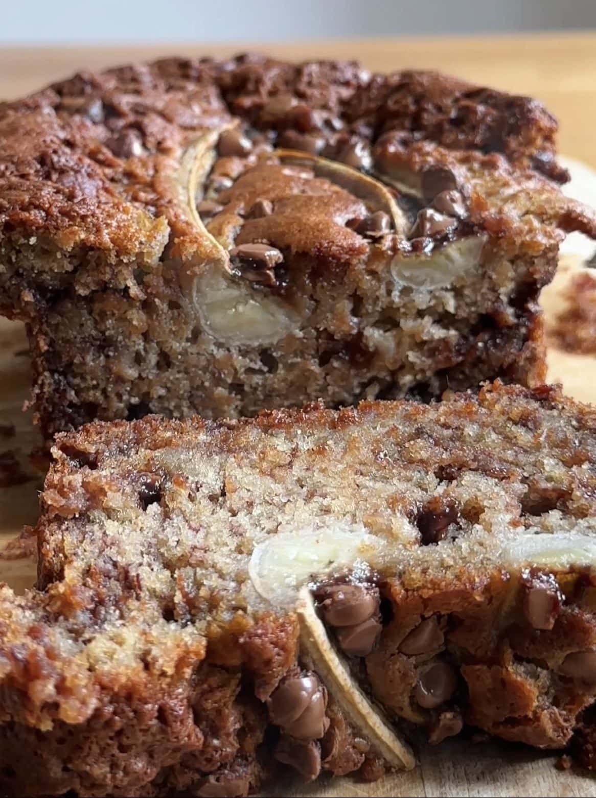 Moist chocolate chip banana bread slices.