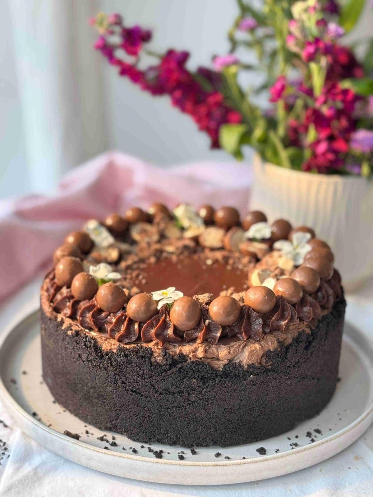 whole no-bake chocolate cheesecake with chocolate decorations.