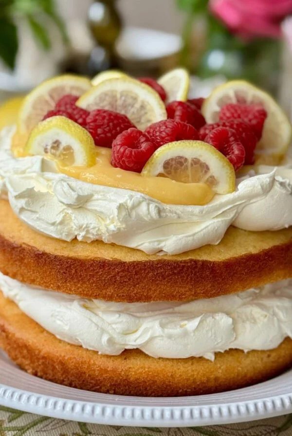 lemon curd cake on a plate.