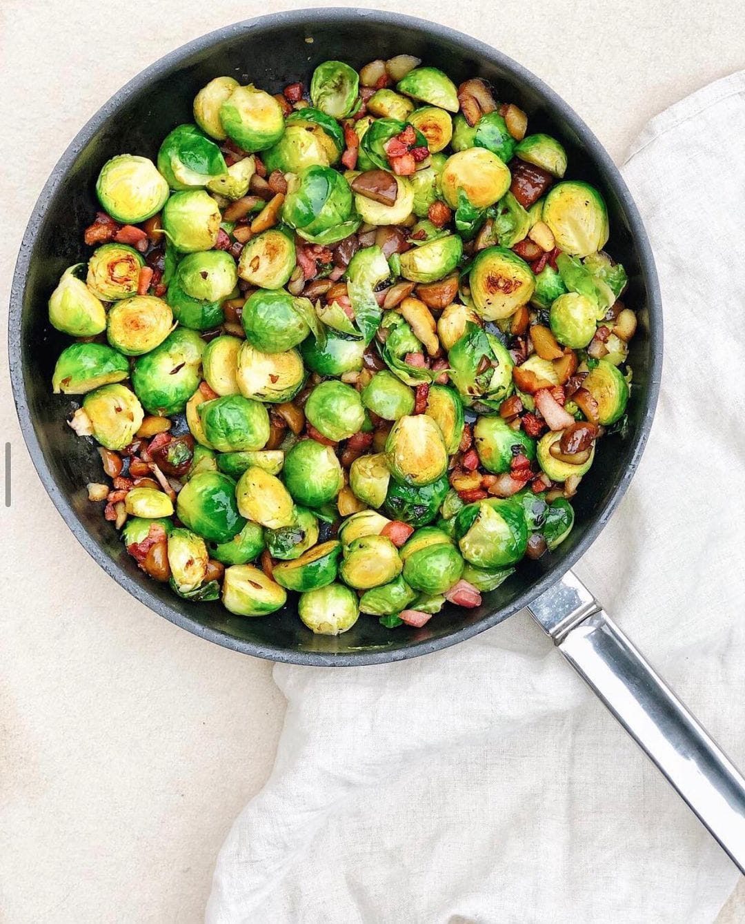 Pan Fried Brussels Sprouts with Chestnuts and Pancetta