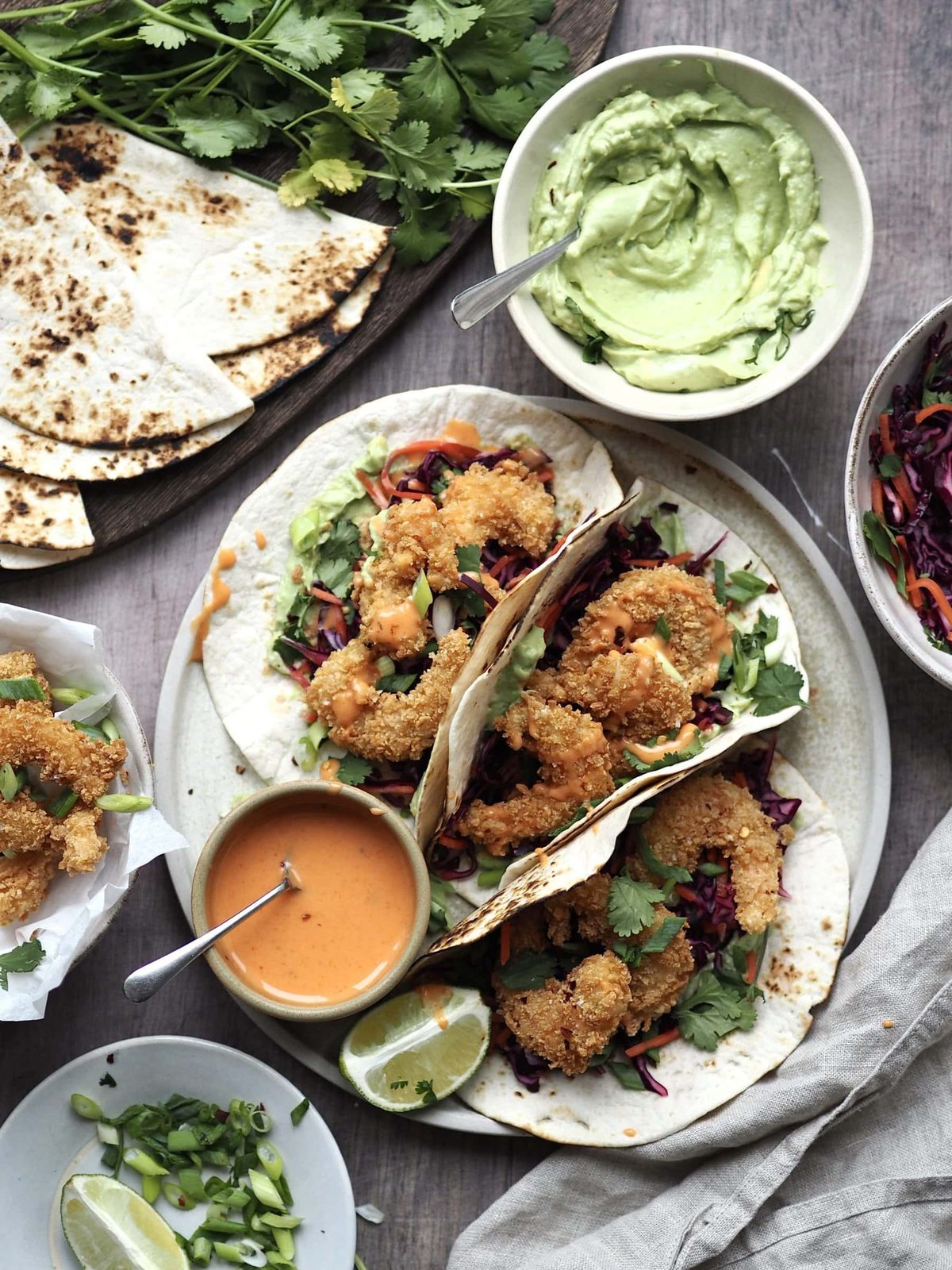 Crispy Panko Prawn Tacos with Avocado Cream, Crunchy Slaw and Sriracha Drizzle