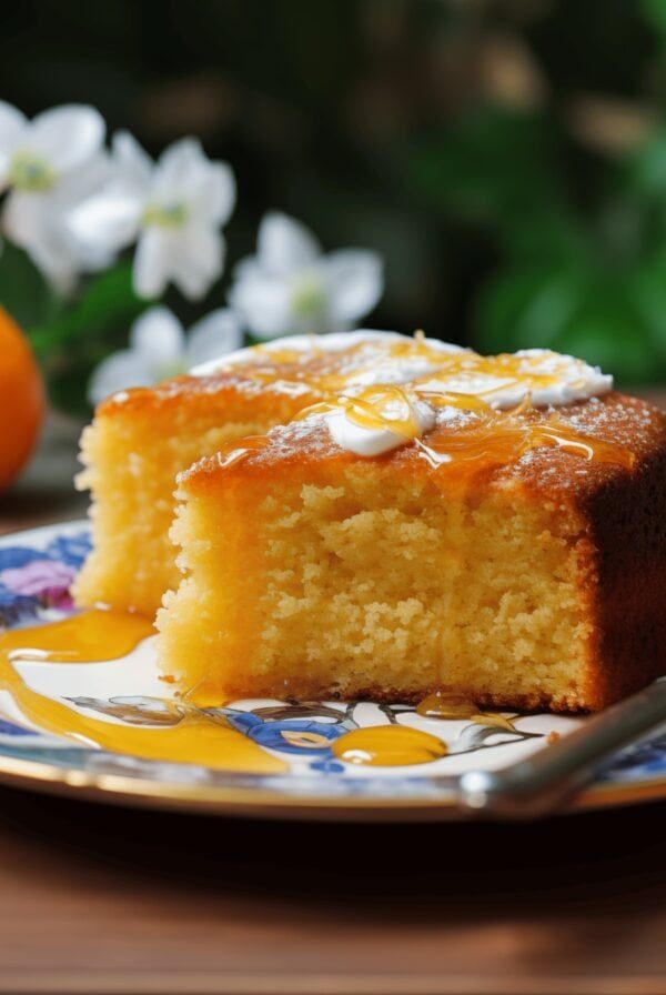 Slice of Tunisian Orange Cake with thick syrup drizzled.