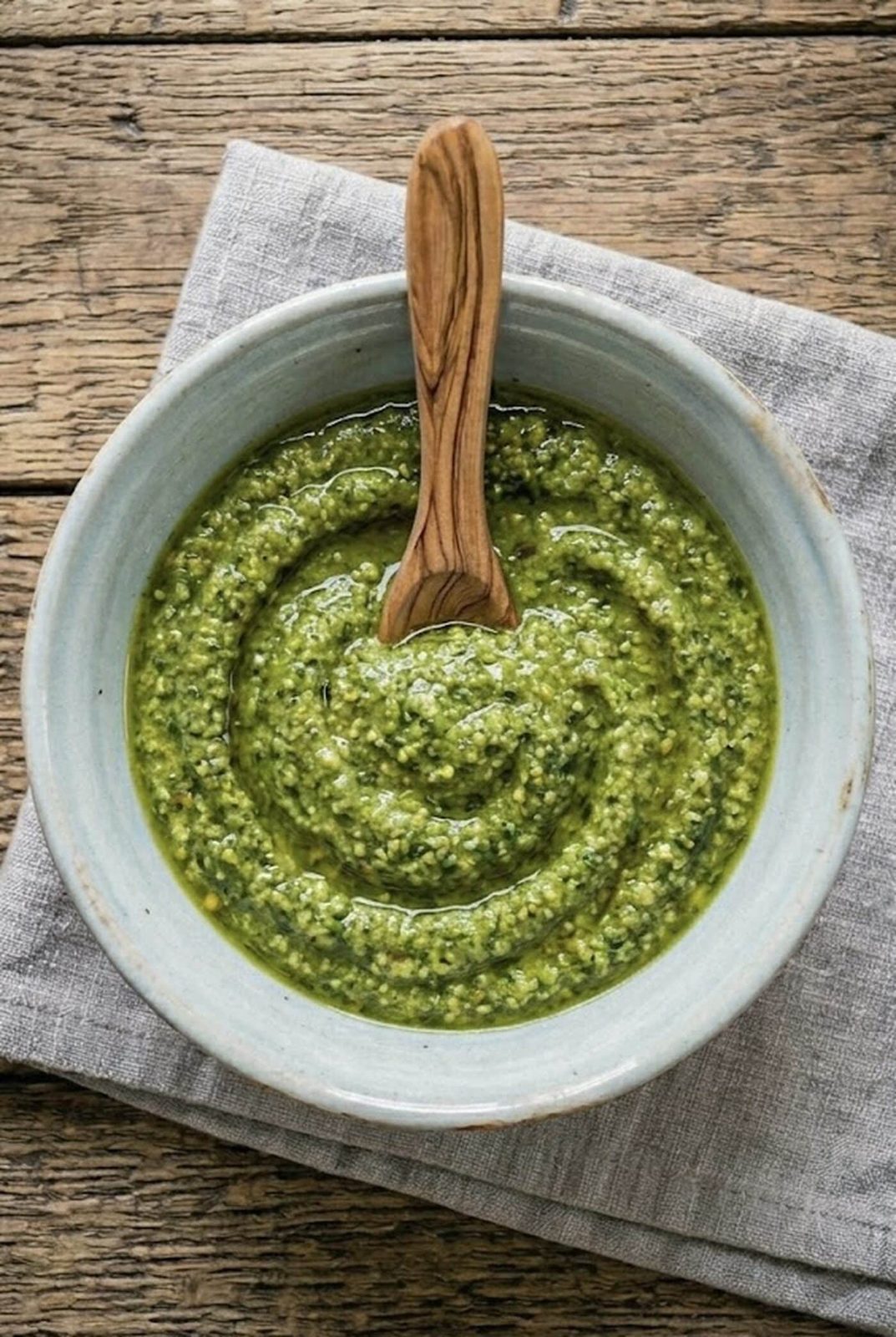 Easy homemade pistachio pesto in blue bowl.