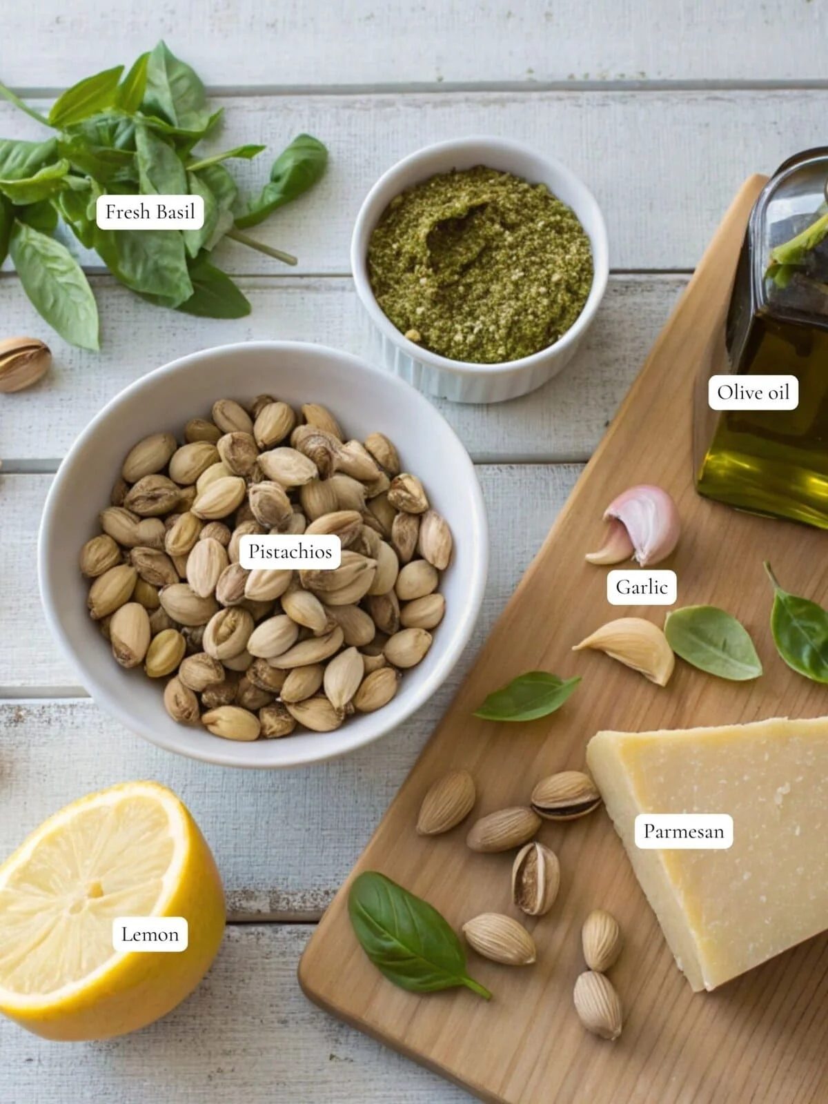 Pistachios, basil, garlic, Parmesan, lemon, and other pesto ingredients on white wood table.